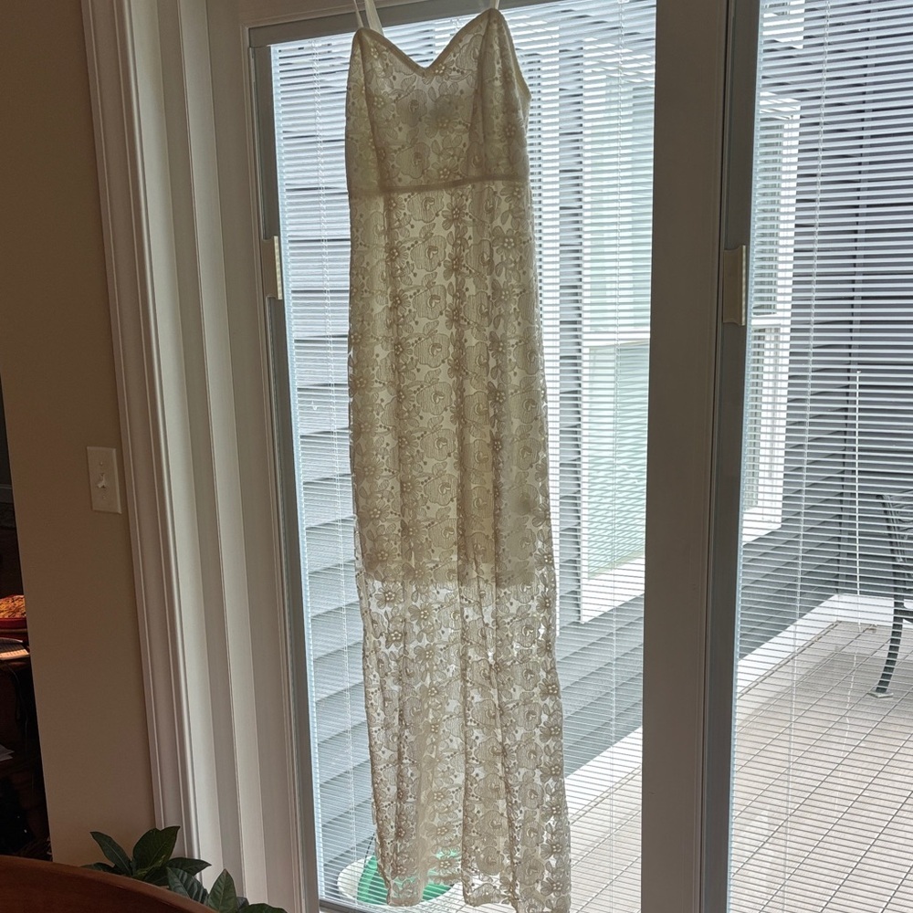 Cream Lace Overlay Maxi Dress Size S Romantic Boho Wedding Guest